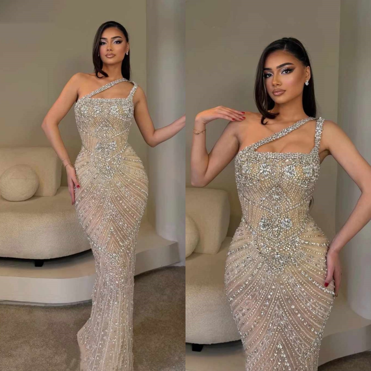 New Design Customized Charming One Shoulder Evening Prom Dress Sexy Crystal Beaded Party Gown Elegant Mermaid Floor Length