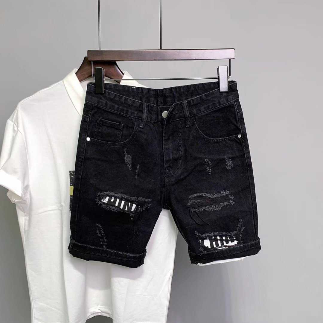 New men's clothing 2026 ripped patchwork Korean style slim-fit denim 5-point mid-length pants trendy shorts straight-leg pants S260804LTR1