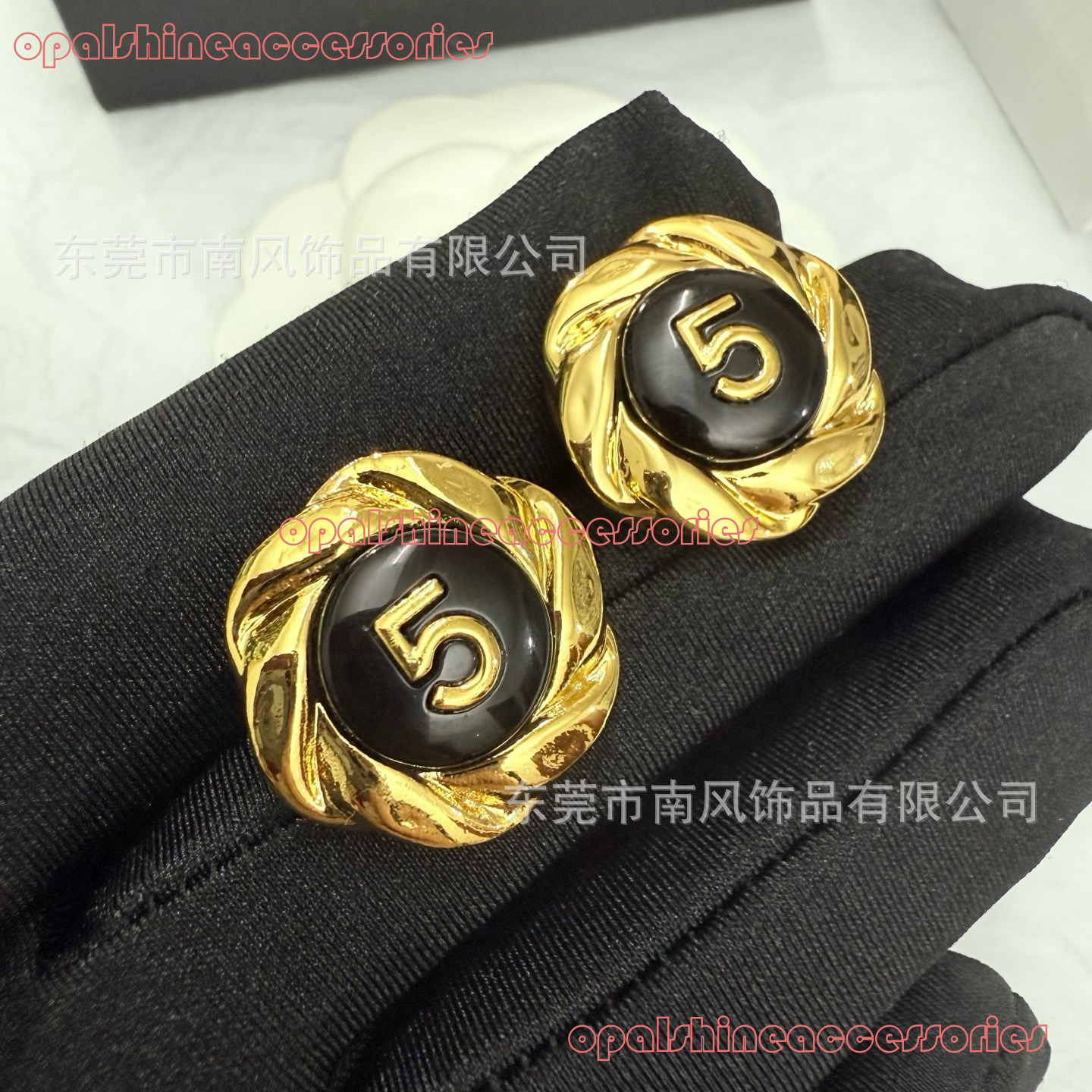 CHANNEL Earring Black gold round button earrings with vintage braided lace design versatile and elegant for women CC