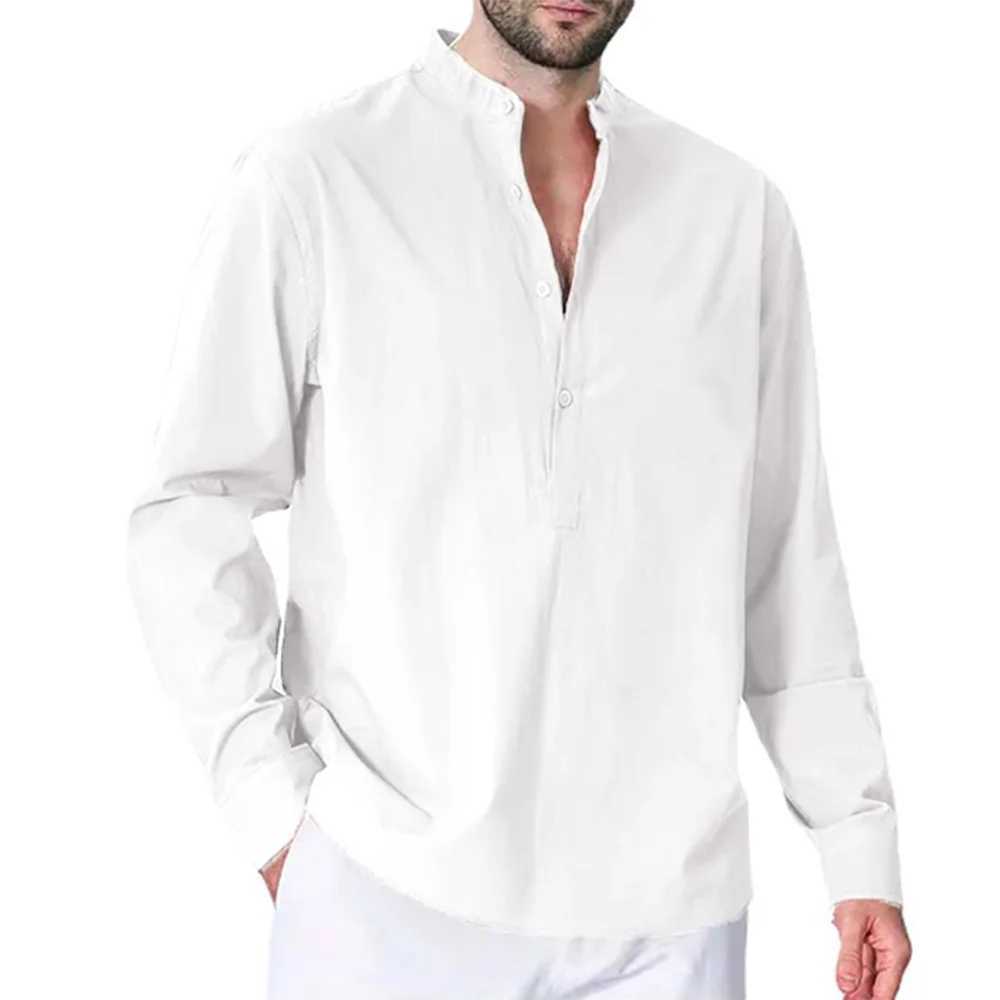 New Cotton Linen Shirts for Men Casual Shirts Lightweight Long Sleeve Mandarin Neck Solid Color Long Sleeve Button Design Tshirt Z260805