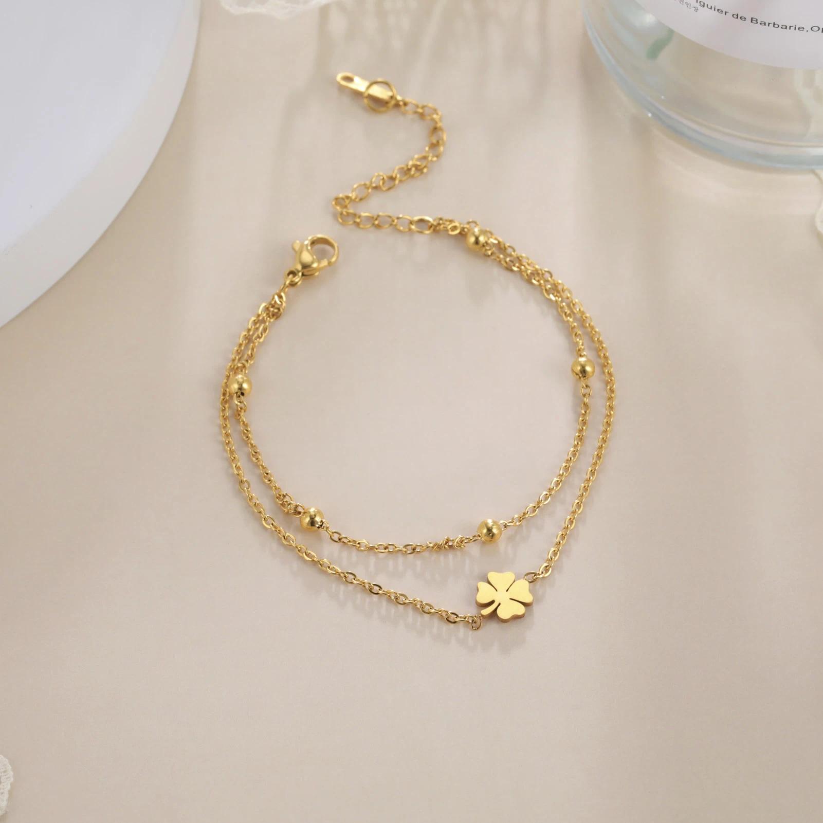 bracelet and Foot Chain of Women Men Silver Color Four-leaf Clover Stainless Steel Anklet Simple Beads Fashion Jewelry Accessories New