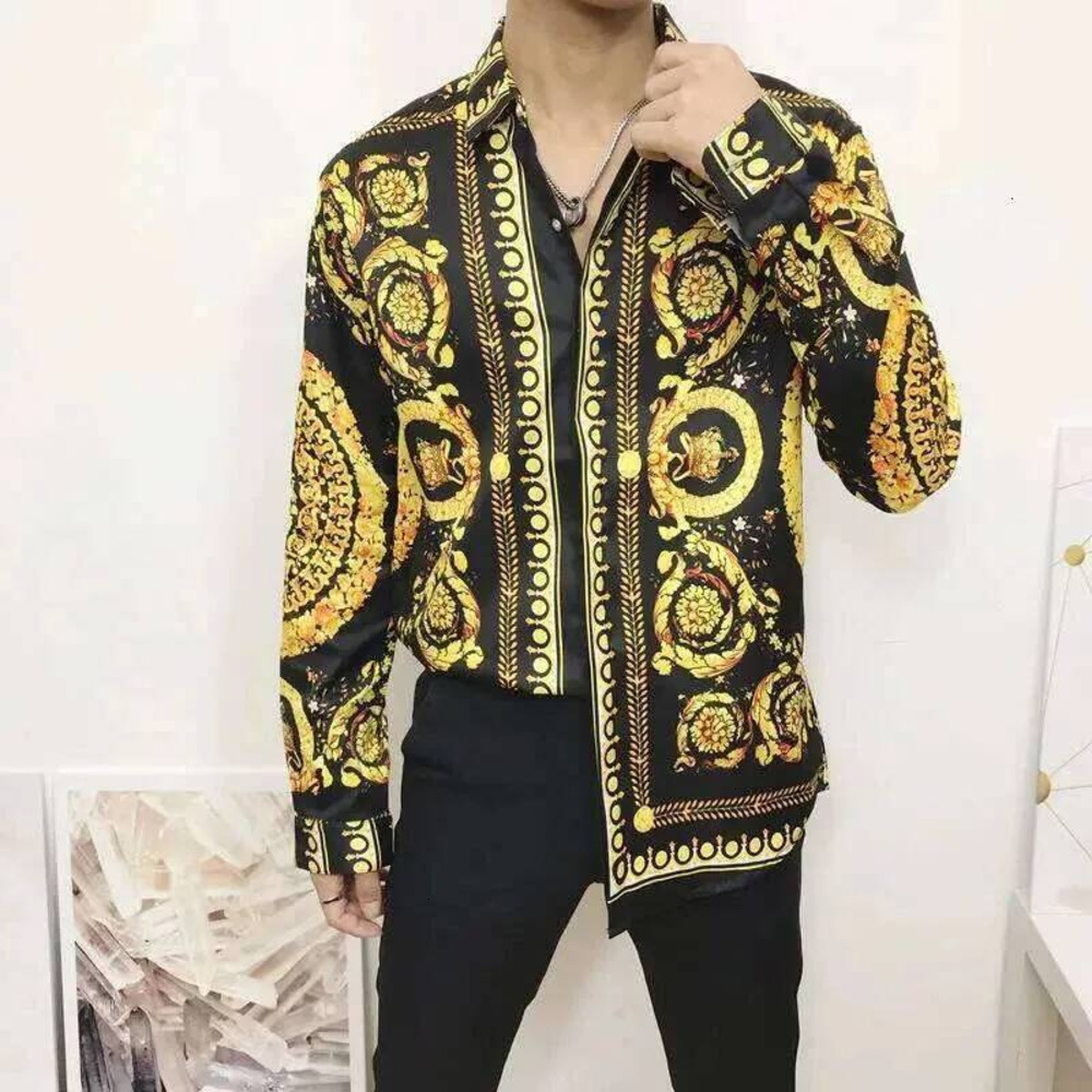 V Ersacee Shirt Mens Fashion Geometric Pattern Print Graphic Tee Long Sleeve Luxury Vintage Greek Pattern Turn Down Collar Loose Casual Party Polo S