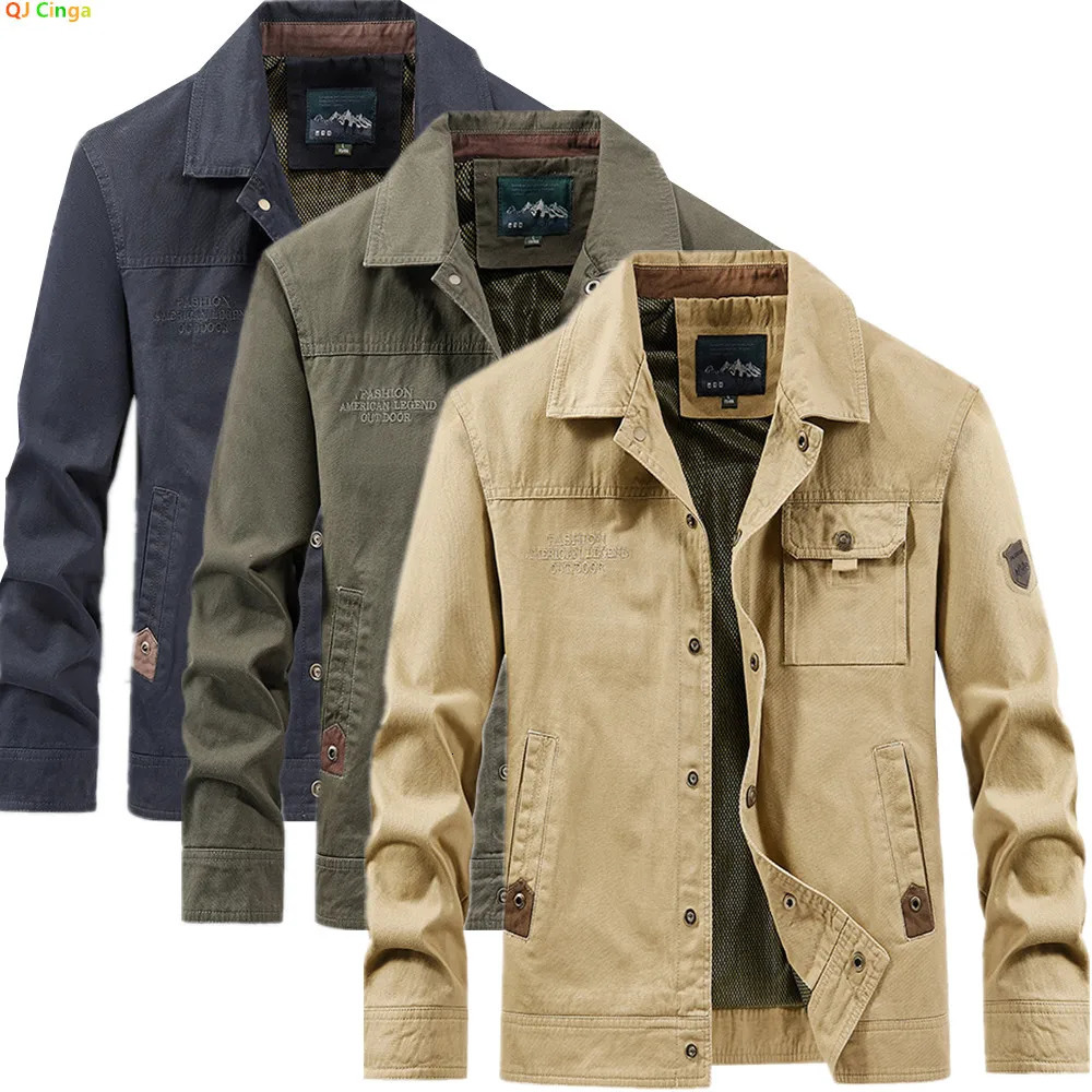 Autumn Khaki Men's Collared Long-Sleeve Jacket Army Green Casual Outerwear Navy Blue Loose-Fit Top Coat. 260805