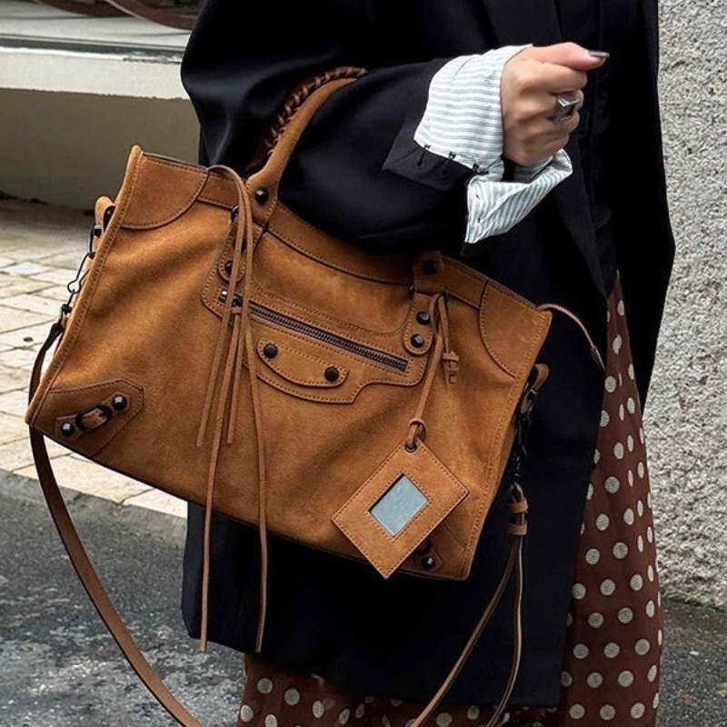 Vintage Suede Motorcycle Tote Women Large Capacity Handbag Retro Rivet Tassel Shoulder Crossbody Bag