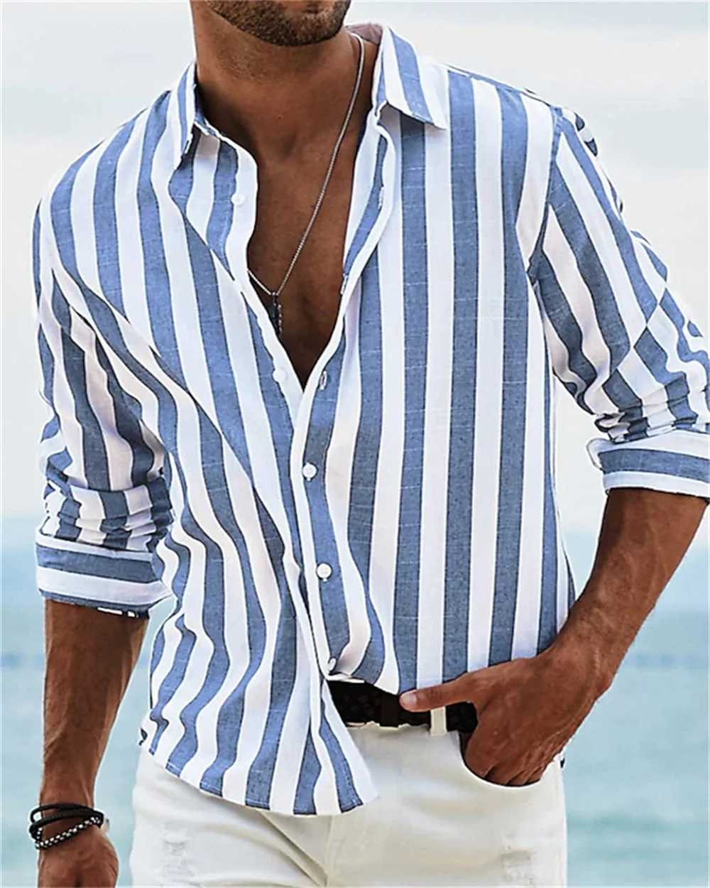 2024 New Men's Long sleeved Blue Stripe Printed Shirt Social Luxury Men's Wear Hawaii Elegant Classic Fashion Solid Color Z260805