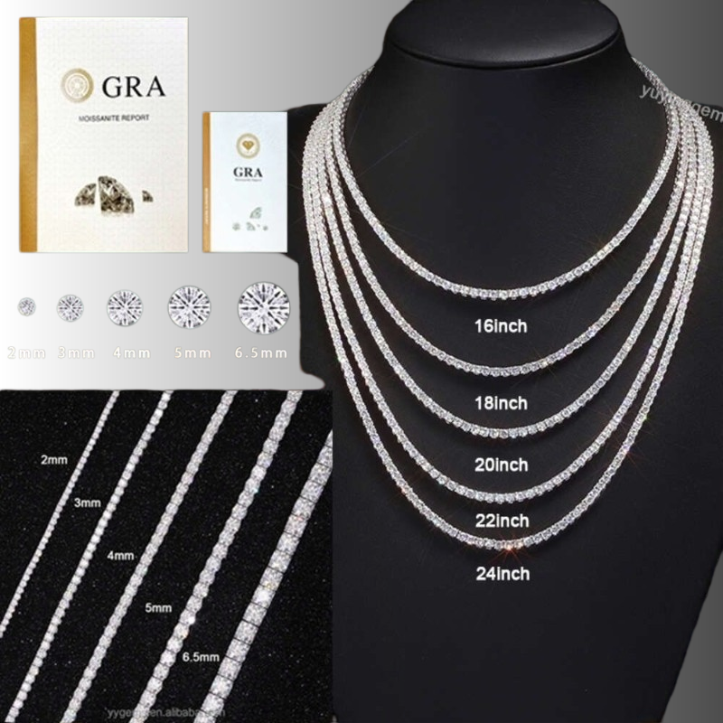 Elegant Pass Diamond Test 3mm--4mm Dainy Classic Mossanite Tennis Chain Sterling Sier Hip Hop Necklace Vvs Moissanite Tennis Chain Bracelets Fashion