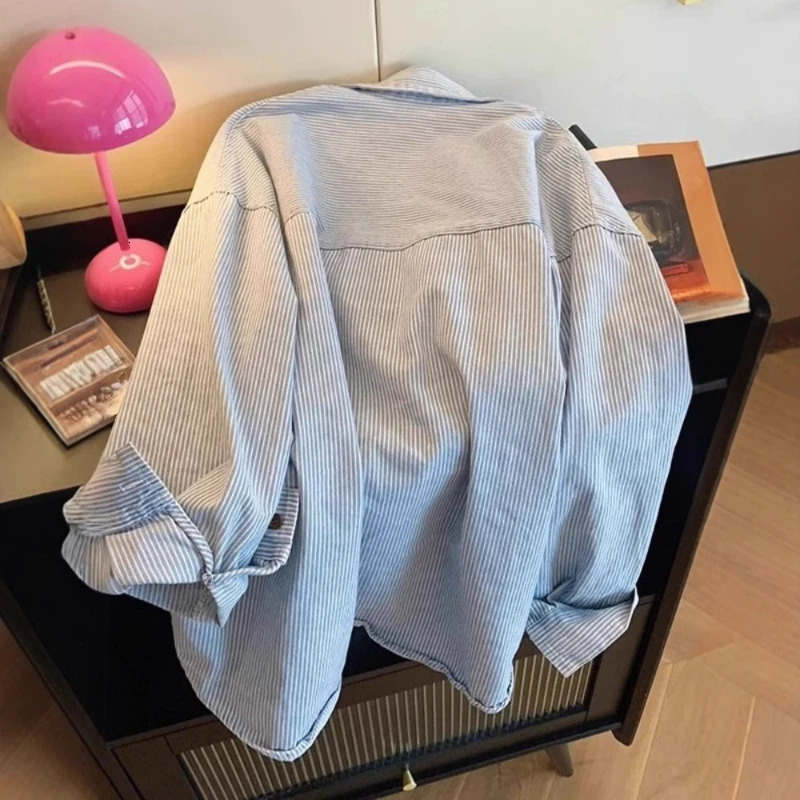 Womens Blouses in Promotions Collared Shirt for Spring Long Sleeved Top Vintage Denim Striped Oversized Beautiful 260730