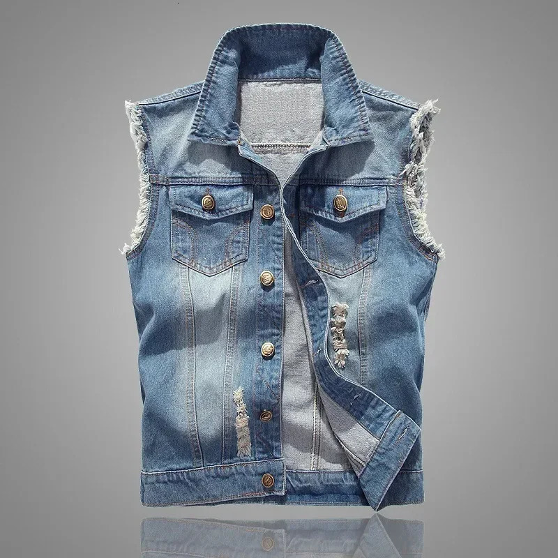 Summer Mens Ripped Denim Vest Male Tank Top Washed Jeans Waistcoat Man Retro Cowboy Hip Hop Sleeveless Jacket for Men 260803
