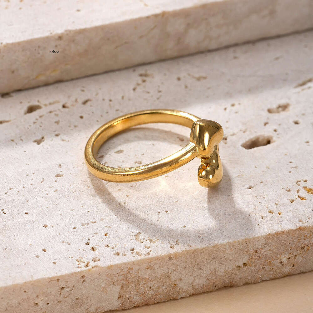 best-selling Sterling Silver 14K 18K Gold double heart open ring Korean-style simple 18k gold-plated titanium steel jewelry wholesale factory