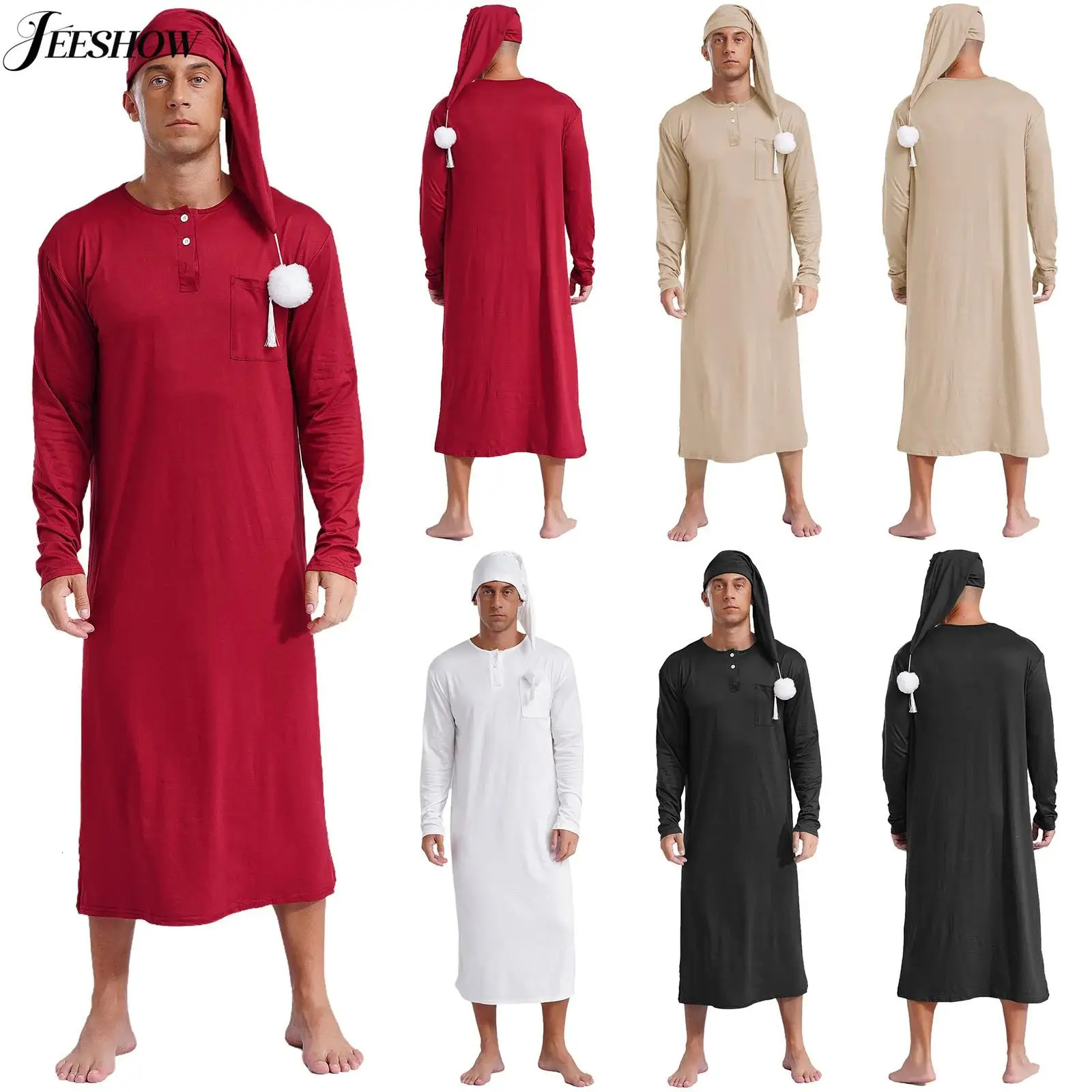 Mens Solid Color Long Sleeve Sleep Robe with Night Cap Round Neck Big Tall Nightshirts Home Loungewear Pajamas Sleepwear 260805