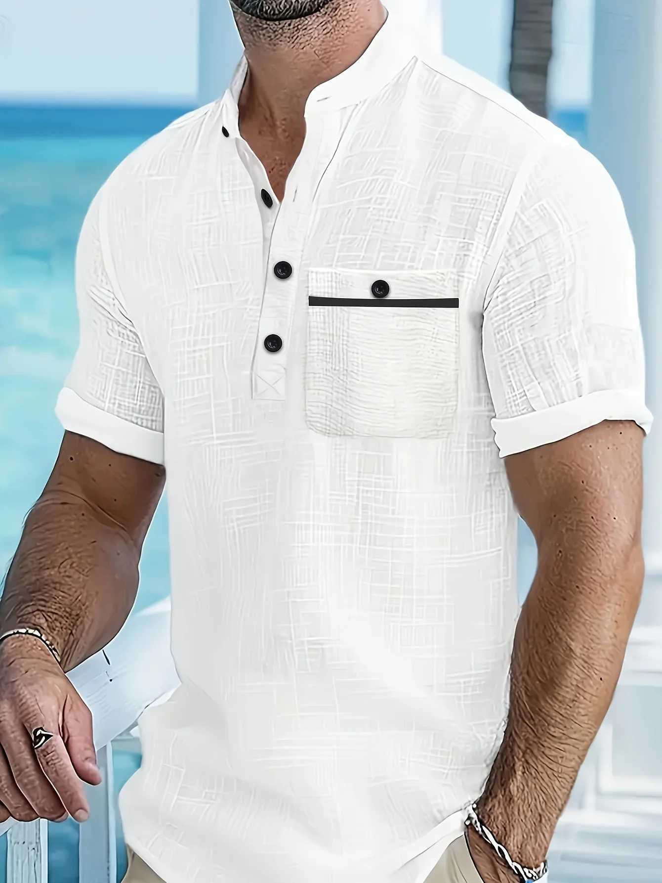 Fashionable High-Quality 100% Pure Cotton Solid Color Shirt with Pocket Design Contrasting Color Simple Style Men's Stand-Up Collar Z260805