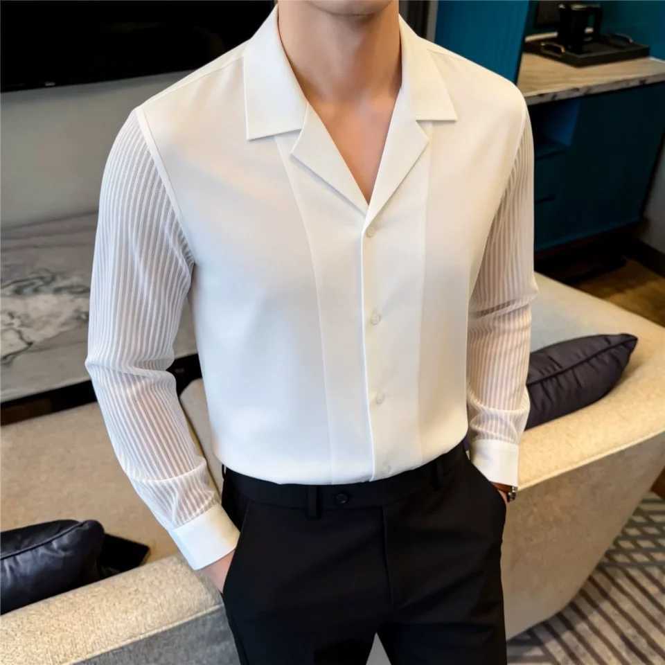 Luxury Black White Sexy Lace Patchwork Shirt 2026 Fashion Men's Slim Fit Social Dress Nightclub Singer Party Casual Shirts 4XL-M Z260805