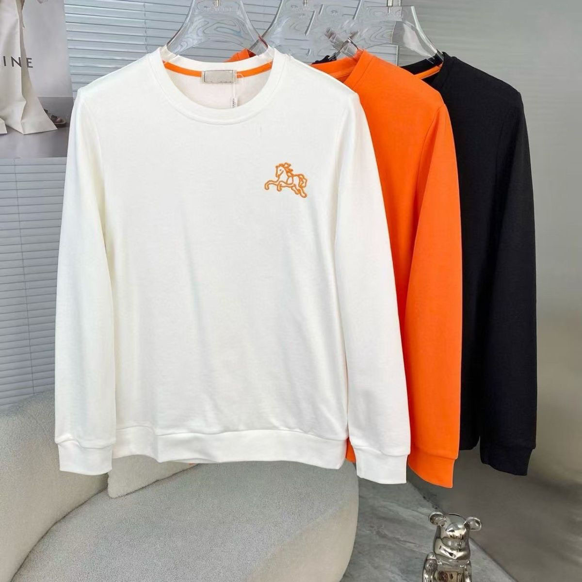 Men's Women's Minimalist H-letter Embroidered Cotton Long-Sleeved Hoodie Plus Size Casual Everyday Wear Sweatshirt Available in Three Colo
