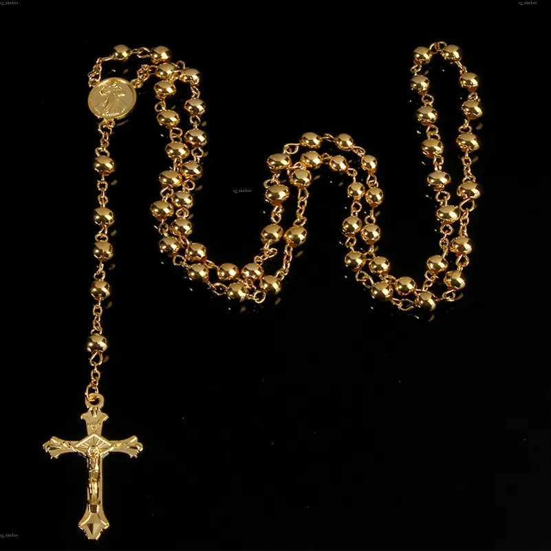 6MM collier chapelet en perles de fer doré de haute qualité, beau pendentif croix rose 251024