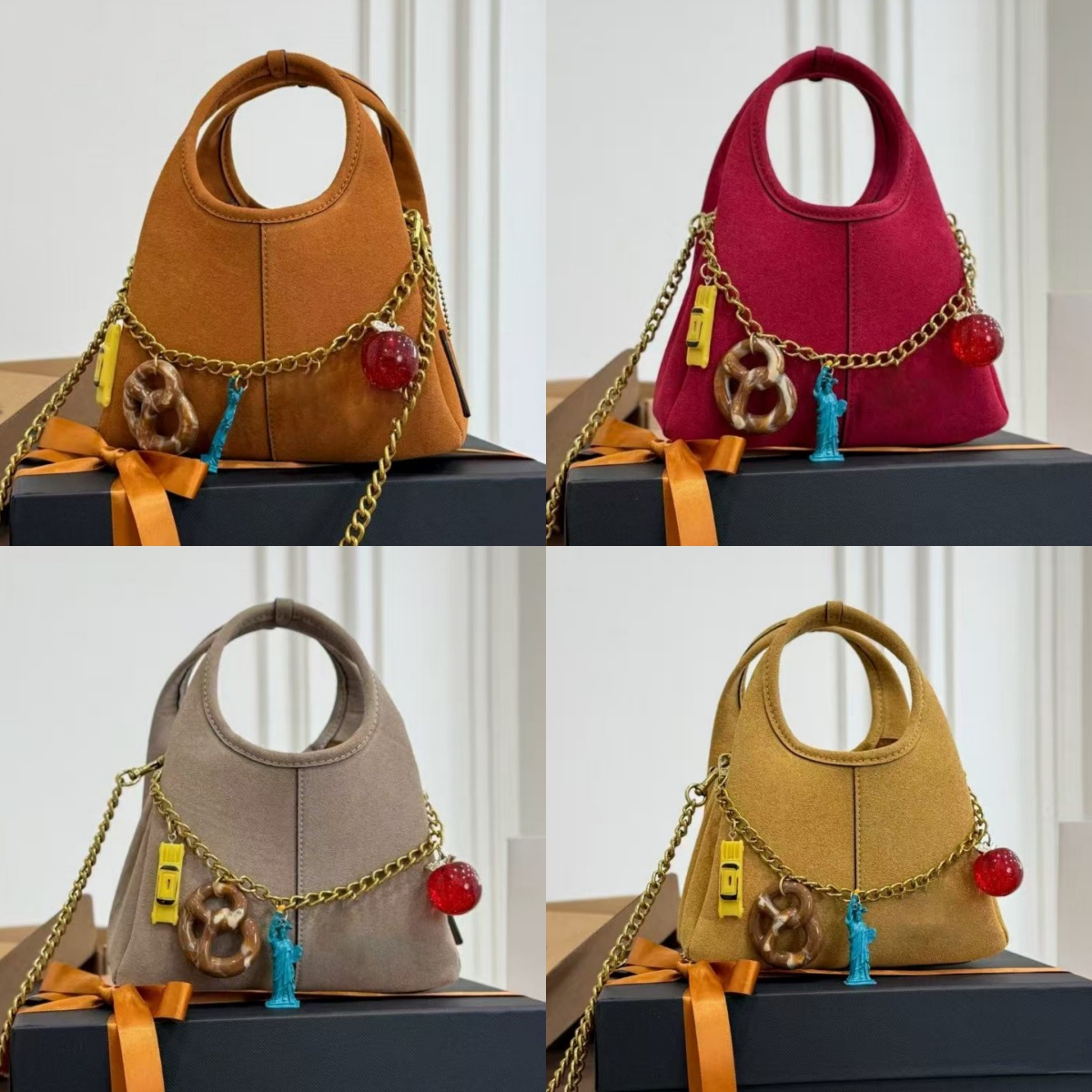 Lana 19 Suede Mini Basket Tote Bag Soft Suede Leather Circular Top Handle Decorative Charms Chain Vintage Retro Style Luxury Women Daily Casual Smal