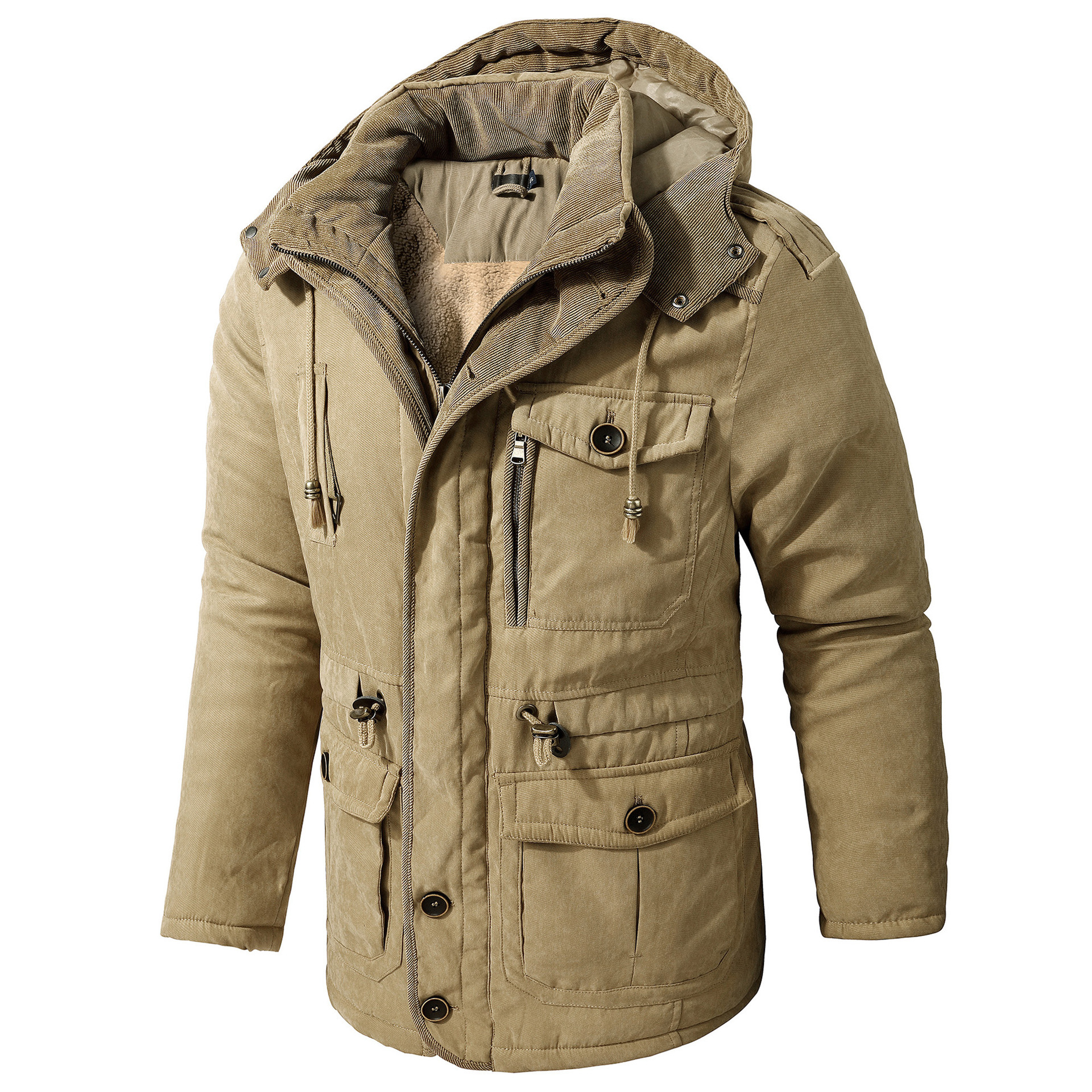 2026 Men's Plus Size Fleece Hooded Jacket, Thickened Multi-Pocket Cotton Coat, Casual Mid-Length Outerwear