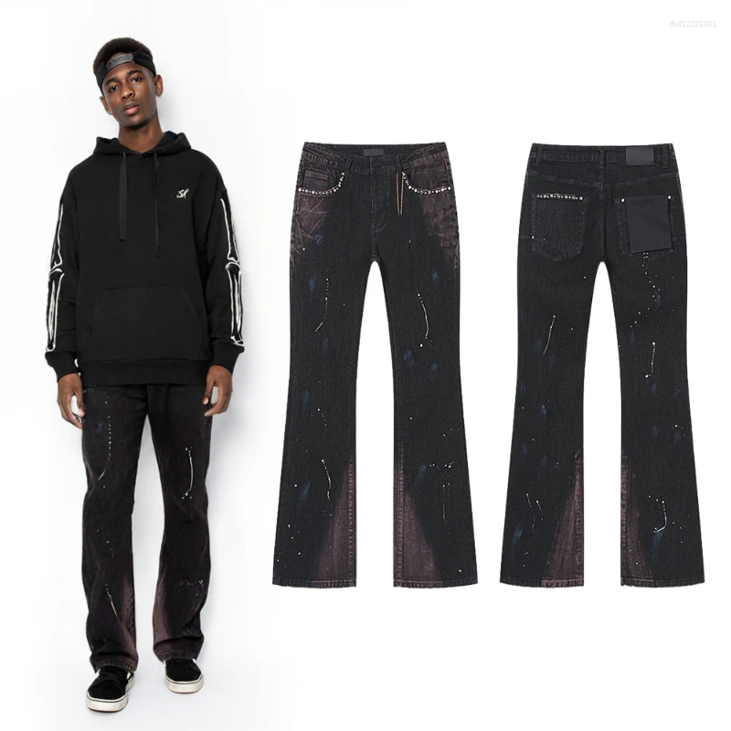 Men's Jeans Streetwear Baggy Flare With Sequined Y2k Clothing Vintage Hip Hop Street Style Casual Distressed Revivals