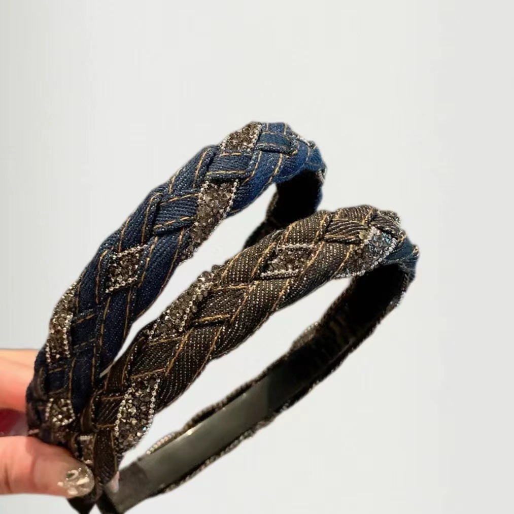 Buy 1 Get 1 Free New autumn French-style denim blue rhinestone-wrapped headband, Korean-style elegant braided hairband for women