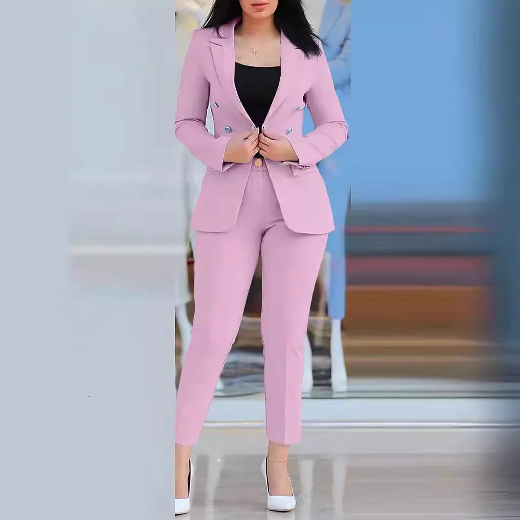 Pants Sets Two Piece Women Cardigan Blazer Double Breasted Slim Fit Pencil Pants Pockets Solid Casual Suits Outwear Spring 2025 260805