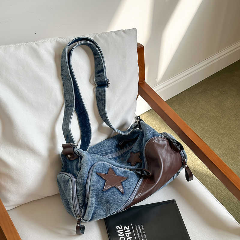 Star PaTCh Denim Crossbody Vintage Bag Large Capacity WAshed Jean Shoulder Bag PU Splicing Multi Pocket Casual Bags H260805