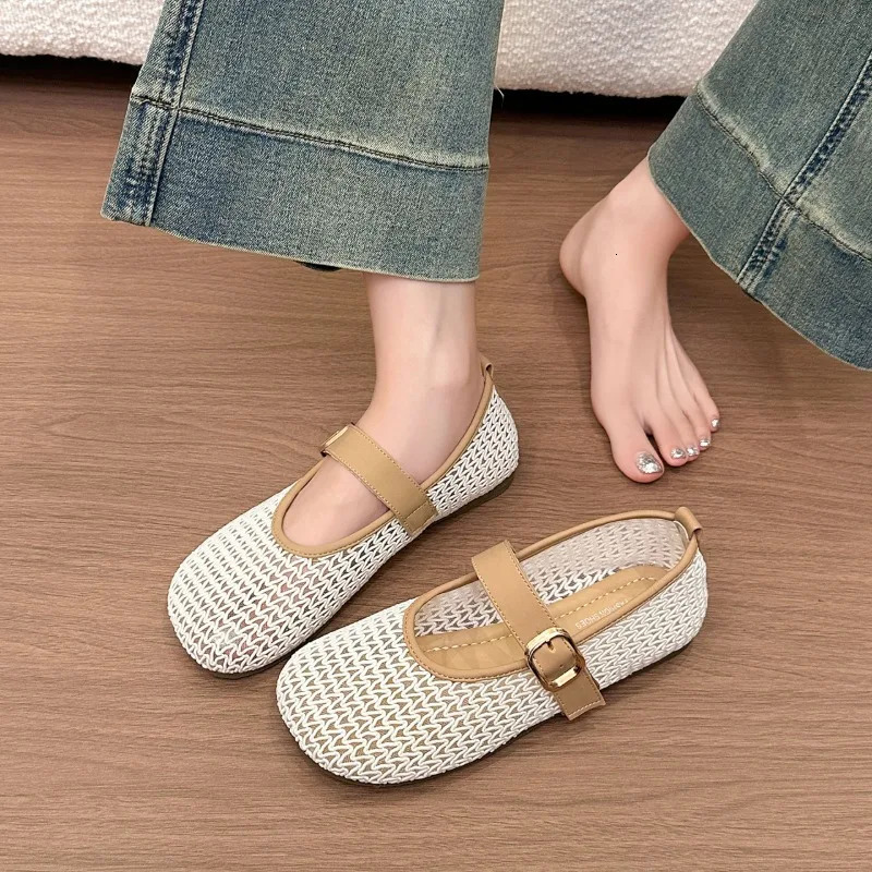 Mesh Hollow Mary Jane Sandals Womens Spring and Summer Flat Casual Single Shoes 260731