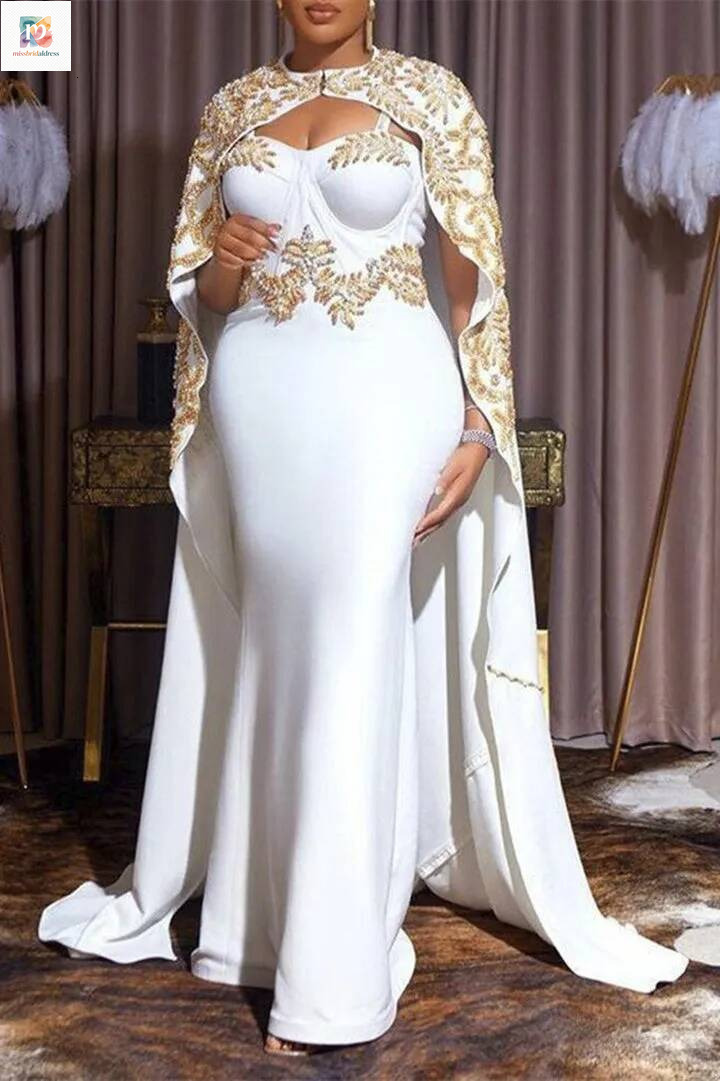 Luxury Beaded Arabic Dubai Evening Elegant White Satin Corset Mermaid Formal Event Gowns With Long Cape Wrap Women Plus Size Prom Dresses Robe De So