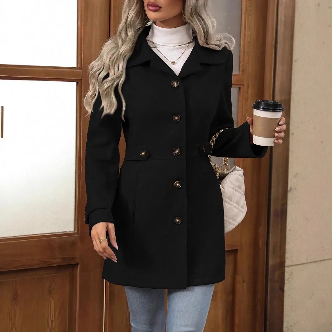 Autumn and Winter Arrival Mid-Length Elegant Woolen Coat with Lapel and Buttons Slim-Fit Style 260803