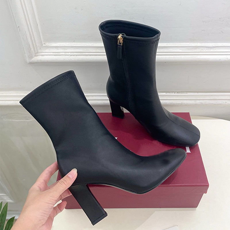 New womens designer Ankle Boots imported elastic upper Horsebit streamlined square toe heel sturdy heel genuine leather shoes side zipper classic fa