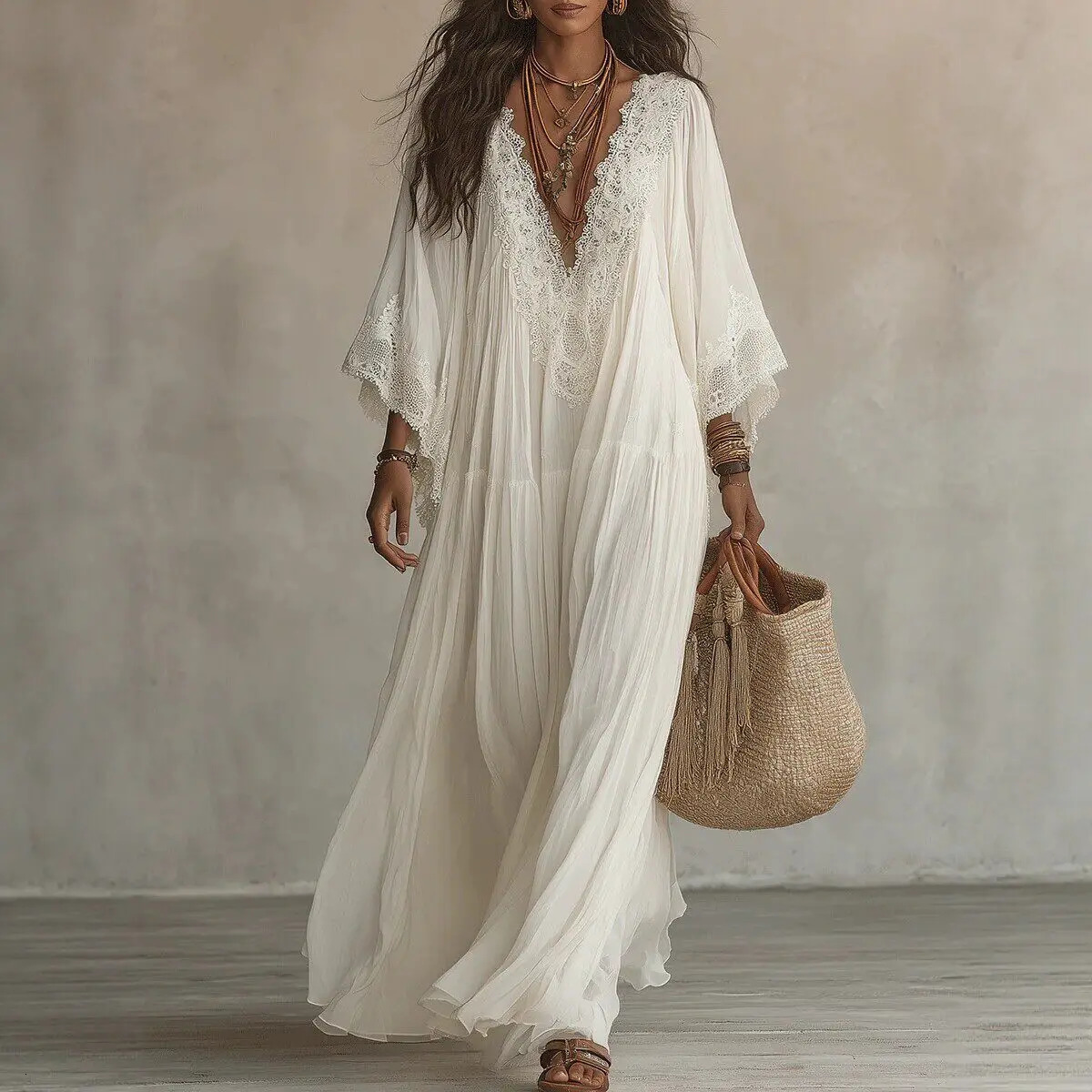 Summer Elegant Solid Dresses Womens Casual Lace Trim V Neck Flowy Maxi Dress Beach Holiday Party Maxi Dresses Robe Vestidos 260805