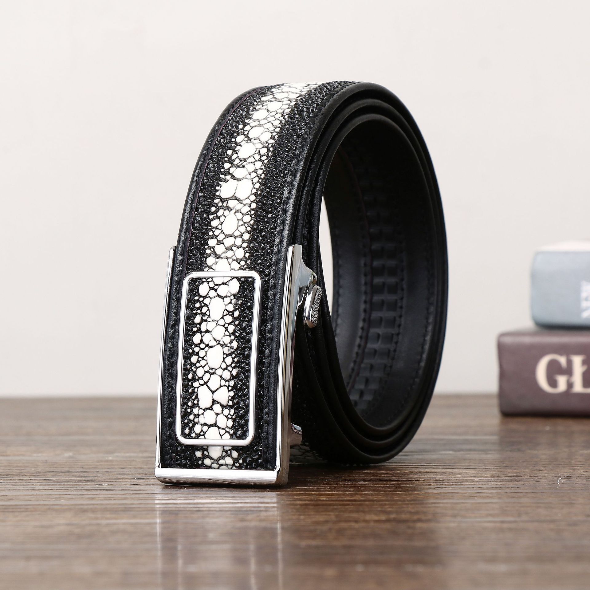 New Style Width 3.8Cm Pearl Fish Pattern Men's Automatic Buckle Genuine Leather Belt Fashion Classic High-Quality