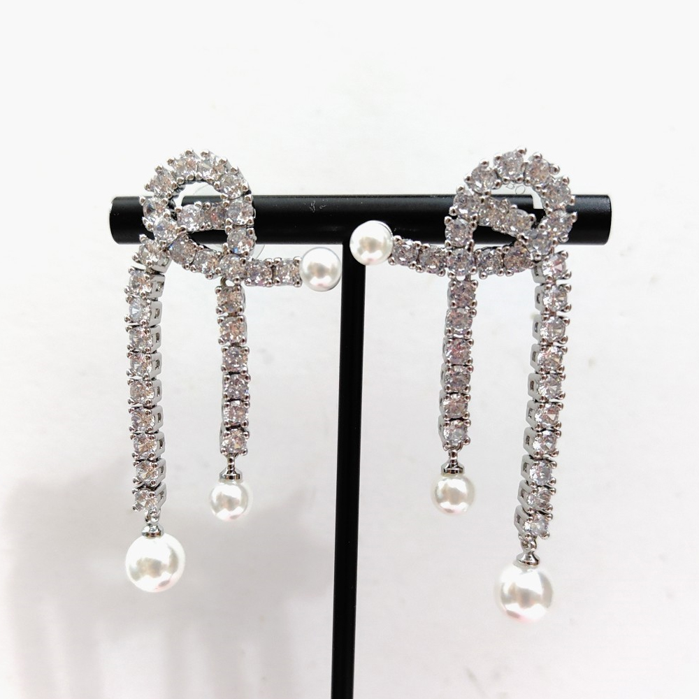 Bow full diamond tassel earrings, silver inlaid with diamonds, long and short pearls, pendant earrings, evening long earrings
