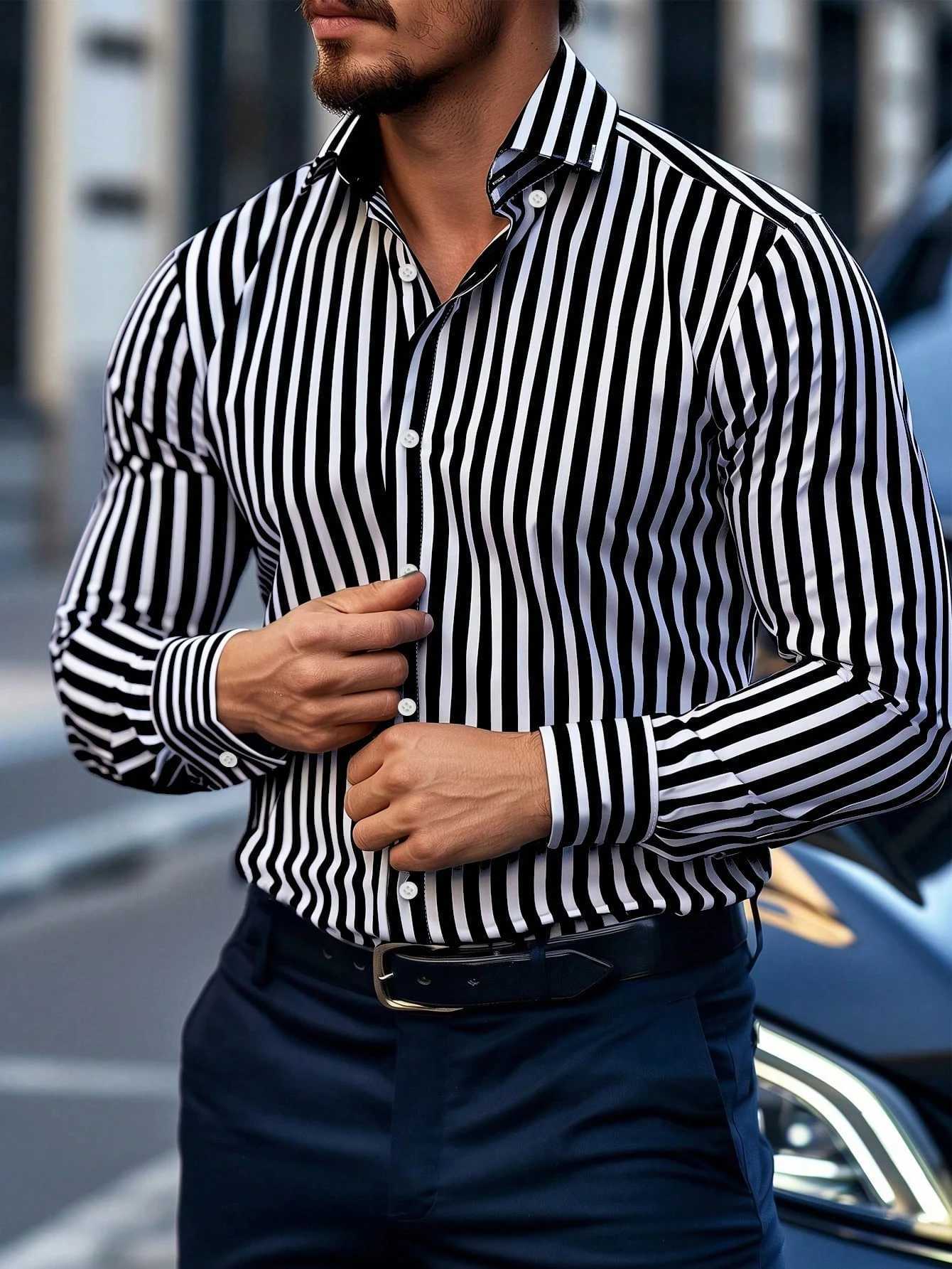Premium Mens Striped Dress Shirt Single Breasted Long Sleeve Business Casual Office Wear Professional Style Z260805