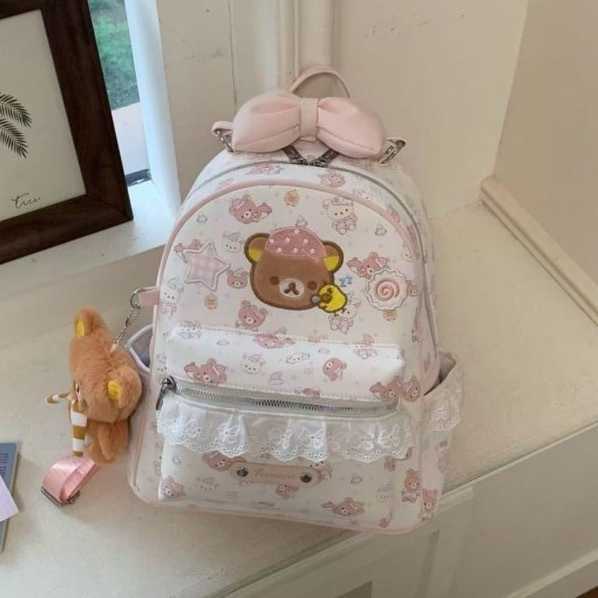 Korean-style ins cartoon bear backpack for women unique design with cute bow and sweet printed lace L26720
