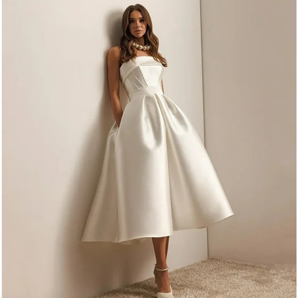 Strapless Satin Midi Wedding Dress Pleated Bodice A Line Flared Skirt With Pockets Elegant Tea Length Formal Bridal Gown Simple Party Dresses For Wo