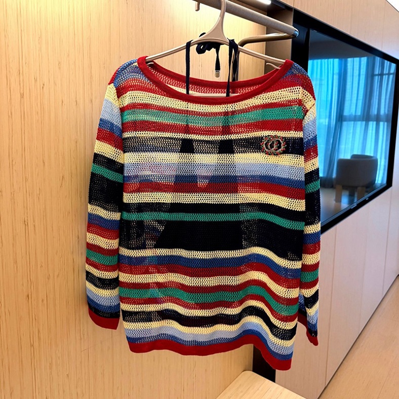 Designer Boho Style Knit Tees Set Women Brand Rainbow Striped Hollow Out Pullovers Halter Sexy Camisoles Beach Vacation Sunscreen Knit Tee Vests Set