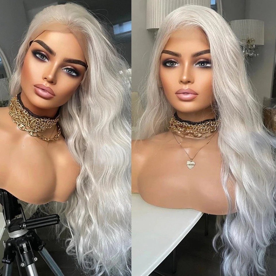 Platinum Blonde HD 13x4 Lace Front Wigs for Women Long Loose Wave Synthetic Hair Wig Body Wave Natural Hairline Hair Wig Preplucked Layered Middle P