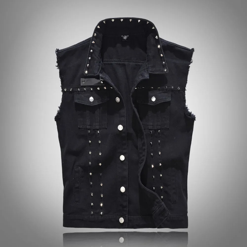 2026 Spring Fashion Men Rivet Denim Vest Punk Party Studded Slim Fit Jean Jacket Male Sleeveless Waistcoat for Men Plus Size 6XL 260803