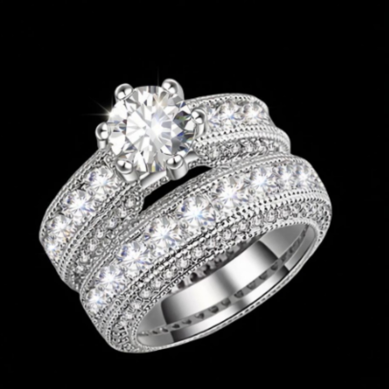 Vintage 2Pcs Bridal Ring Set Round Cut CZ 925 Sterling Silver Plated Engagement Wedding Band Size 5-11