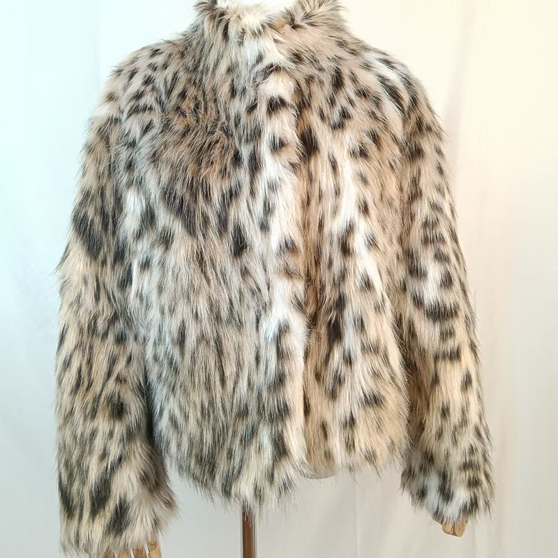 Women's Faux Fur Coat, England Style Vintage Leopard Print Winter Jacket with Short-Length, Stand Collar, Flare Sleeves, Wool Liner, Cashmere Lining
