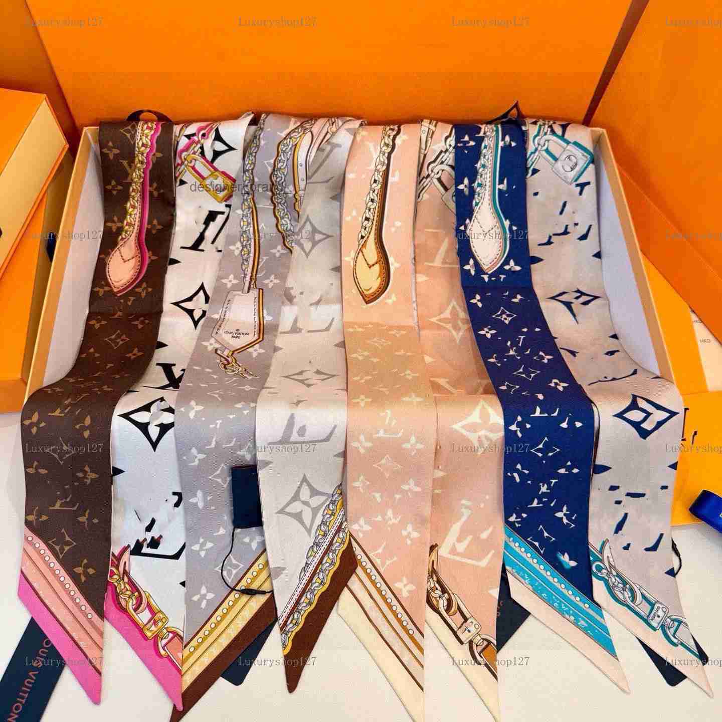 New L Brand Silk Scarf Hair Ribbon High-end Designer Bag Strap Narrow Long Hair Ribbon Hairband Old-fashioned pattern L Letter Scarf