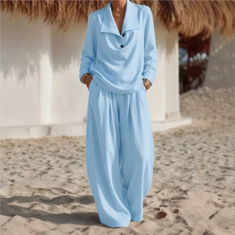 Simple Women 2Piece Set Autumn Fashion Lapel Long Sleeved TopWide Leg Pants Suit Ladies Office Outfit With Pocket Matching 260730