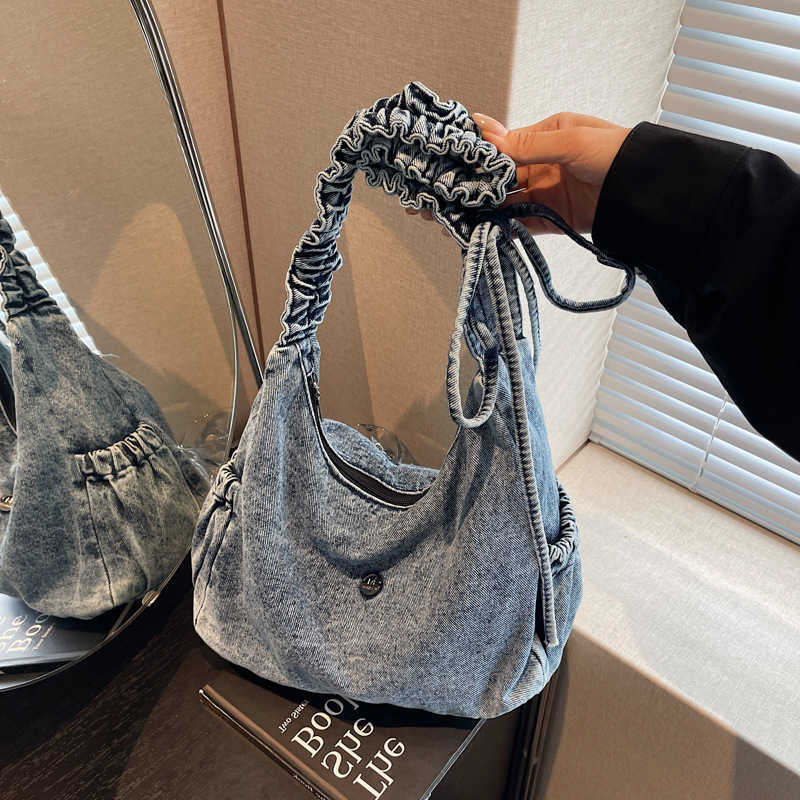 Top Korean Casual Style Denim Handle Bag Women Fashion Crossbody Bag Casual Lazy Fold Drawstring Texture and Simple Storage Bags H260805