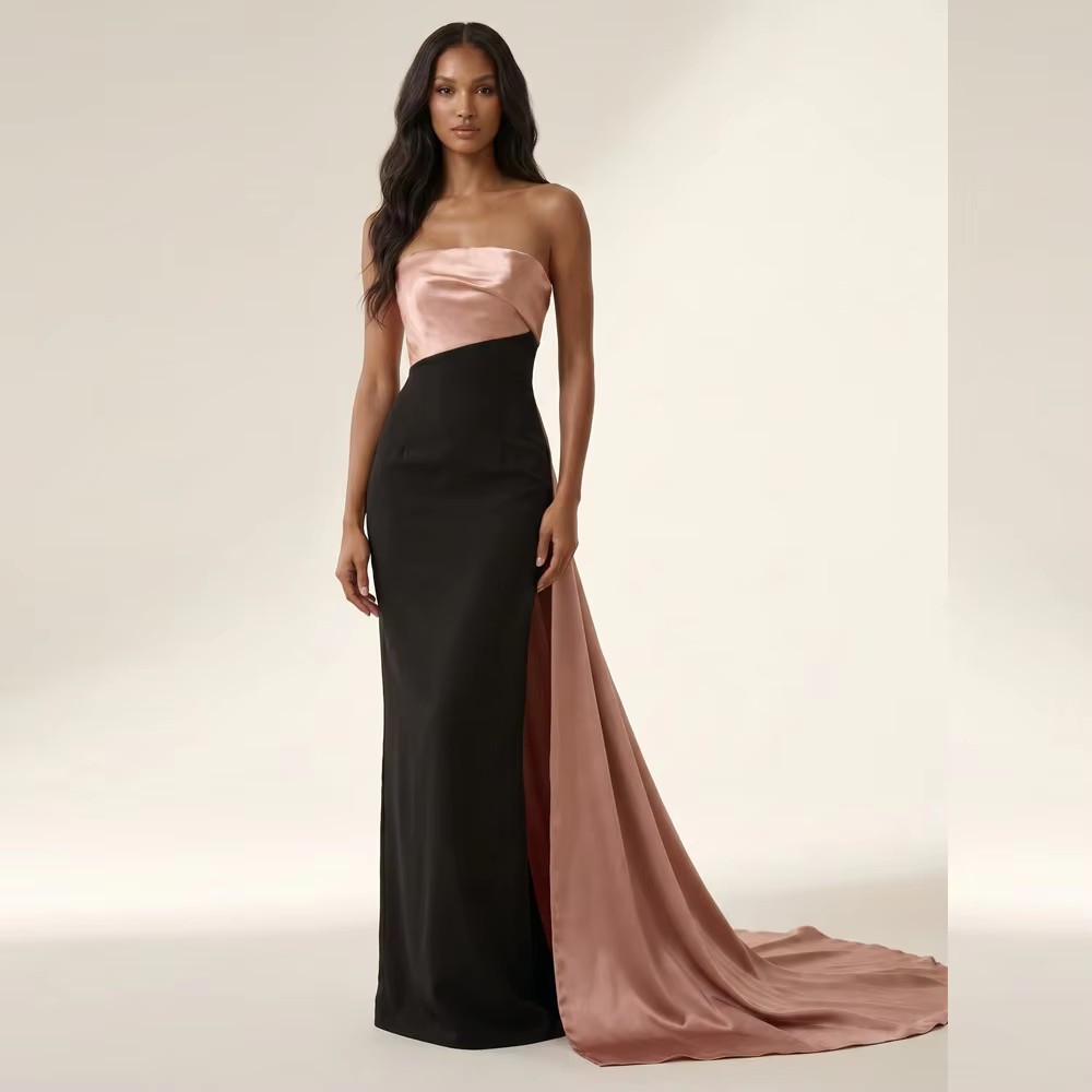 Sexy Evening Formal Dress Strapless Pleats Contrast Color Mermaid Satin Long Prom Pageant Party Gowns Celebrity Robe De Soiree