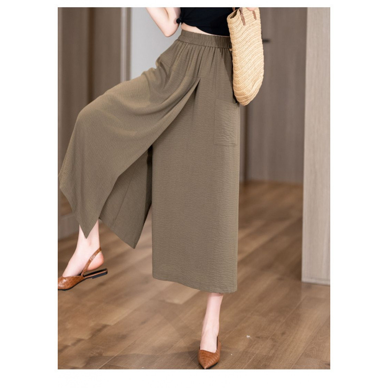 Summer Thin Loose High Waist Split Lazy Style Casual Skirt Pants Hip Thigh Slimming Eight-point Wide-leg Pants for Women