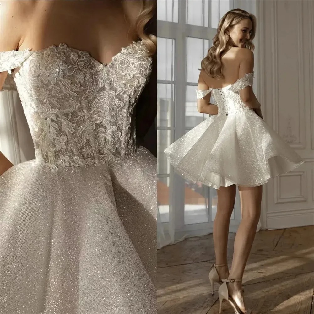 Off the Shoulder Sweetheart Floral Lace Short Wedding Dress Sparkly Glitter Flare Skirt Lace Up Back Mini Bridal Gown Homecoming Party Dress Custom