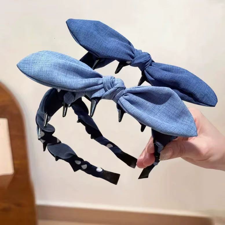 Buy 1 Get 1 Free Korean Style Denim Knot Ear Anti-Slip Tooth Comb Hairband Summer High Crown Face-Shaping Headband for Women Fresh and Sweet