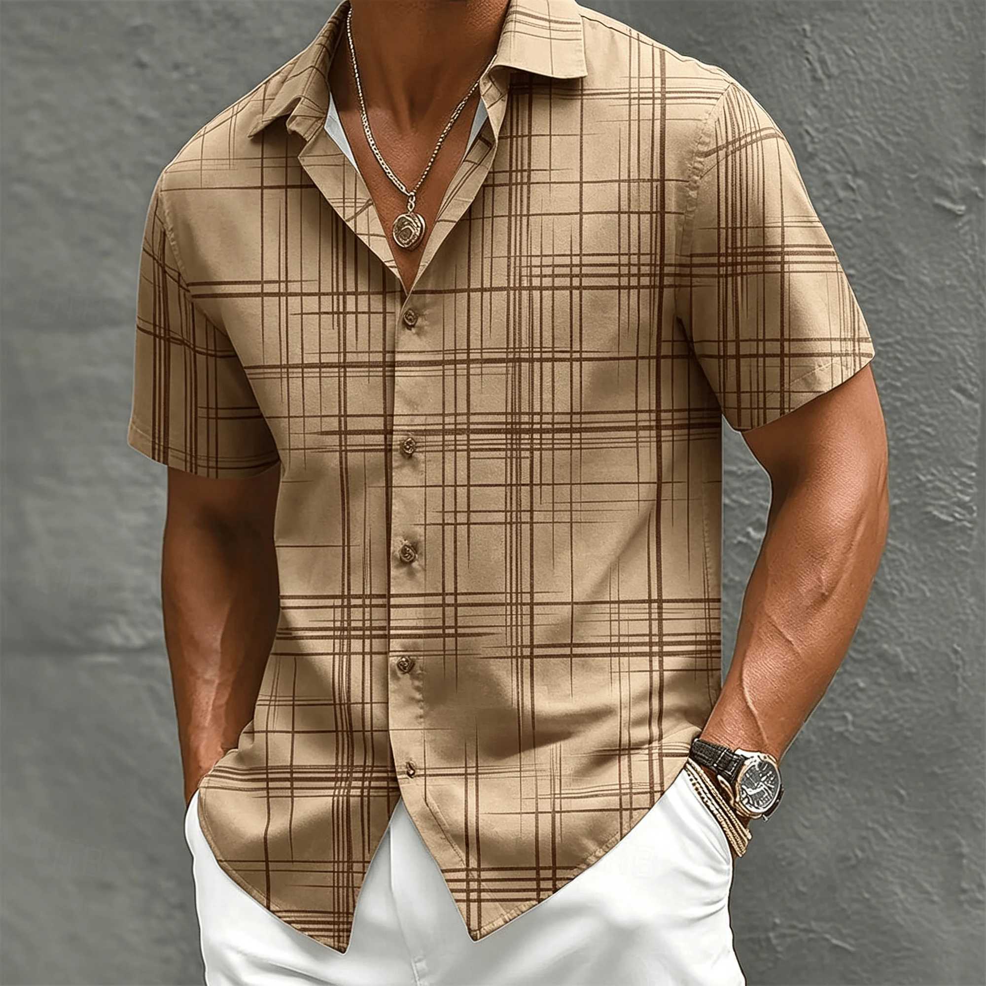 Men's Casual Plaid Shirt Short Sleeve Button Down Tops Modern Business Office Wear Fashion Male Clothing New Vacation shirt Z260805