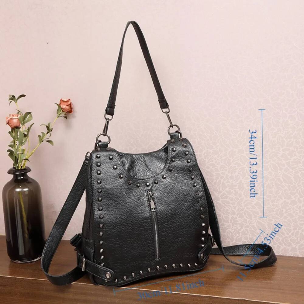 New Retro Large Capacity Shoulder Women's Soft Leather Simple Trendy Handbag Fashion Biker Rivet Punk Bag Andralyn