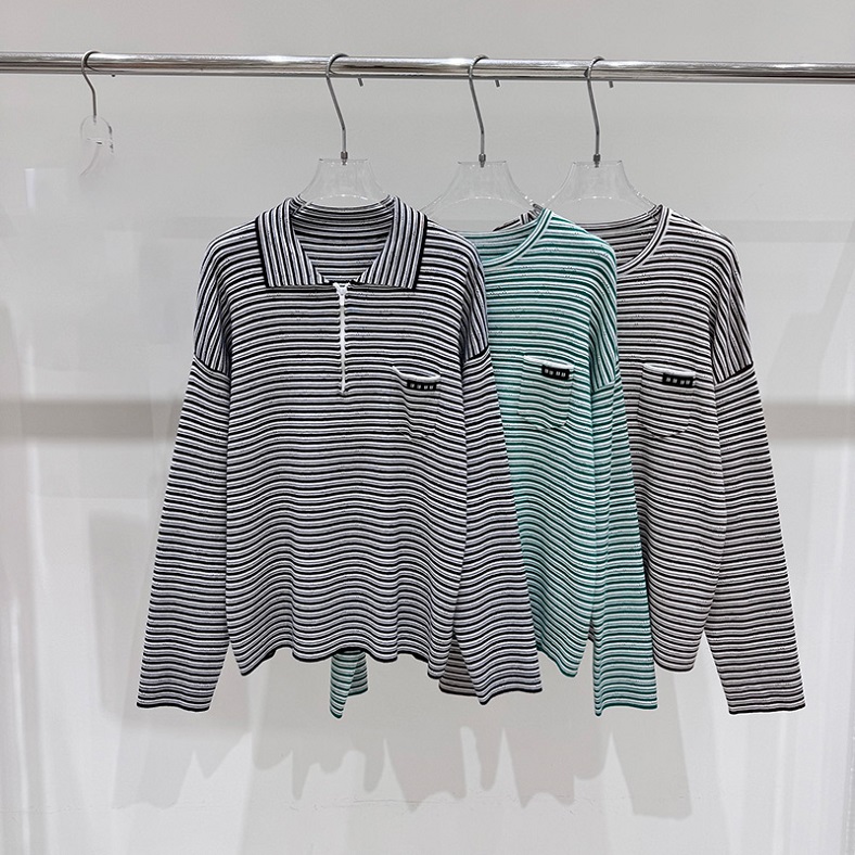 Designer Women Knit Tees Vintage Striped Zip Up Loose Knit Pullovers Autumn Preppy Style Commute Thin Breathable Knit Tees