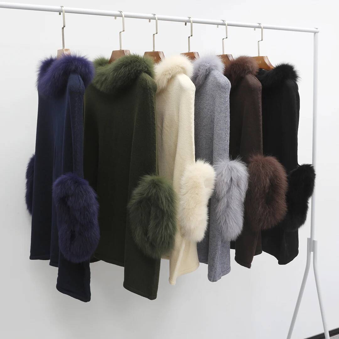 Autumn Women Designer Fashion Knitted Poncho With Real Fox Fur Collar Cuff Fashion Casual Genuine Wool Warm Pullover Sweater Jumper Wholesale